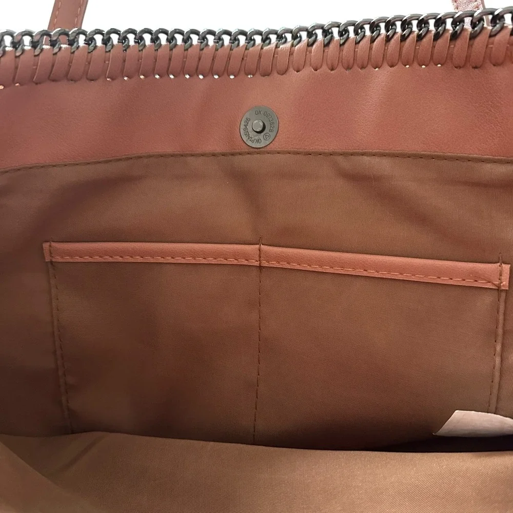 Chico's Marbled Faux Leather Large Tote Bag Blush Tan Brown Metal Chain Trim NEW